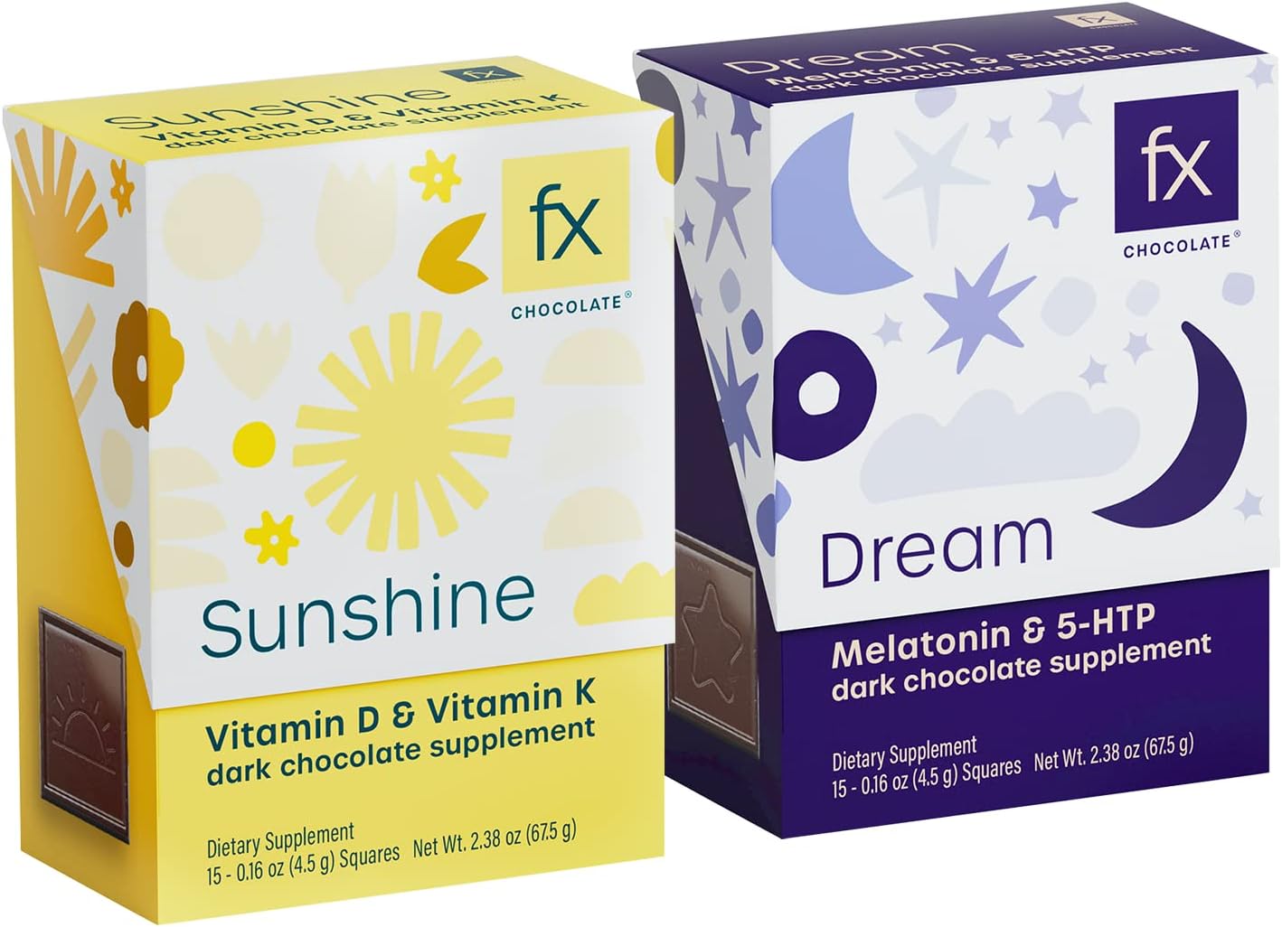 FX CHOCOLATE Rested and Radiant Set - Dream + Sunshine Chocolate Supplements - Melatonin and Vitamin D Chocolates - Delicious, Non-GMO and Sugar Free (2 Boxes of 15/30 Count Total)