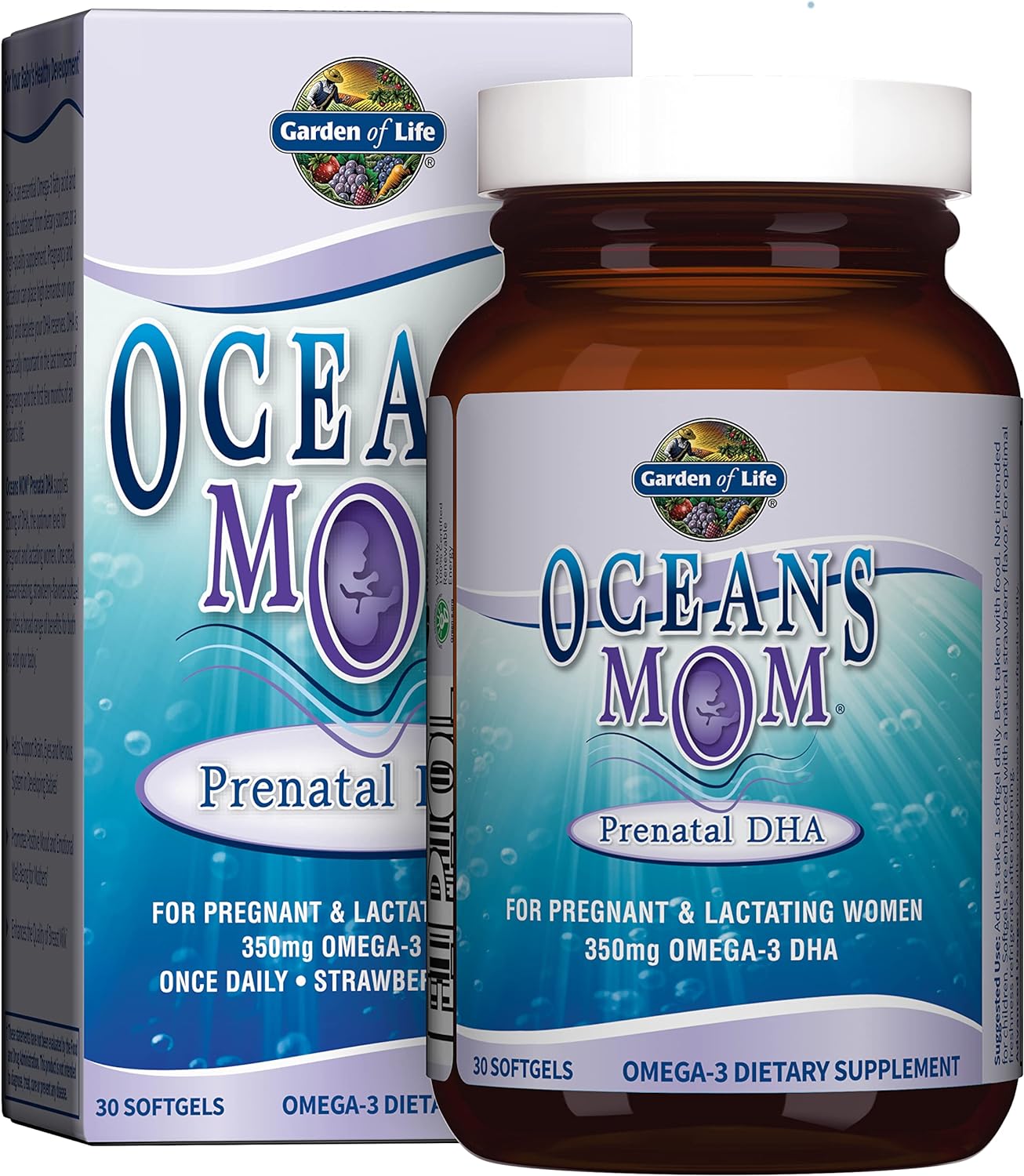 Garden of Life Oceans Mom Prenatal Fish Oil DHA, Omega 3 Fish Oil Supplement - Strawberry, 350mg Prenatal DHA Pregnancy Fish Oil Support for Mamas, Babys Brain  Eye Development, 30 Small Softgels