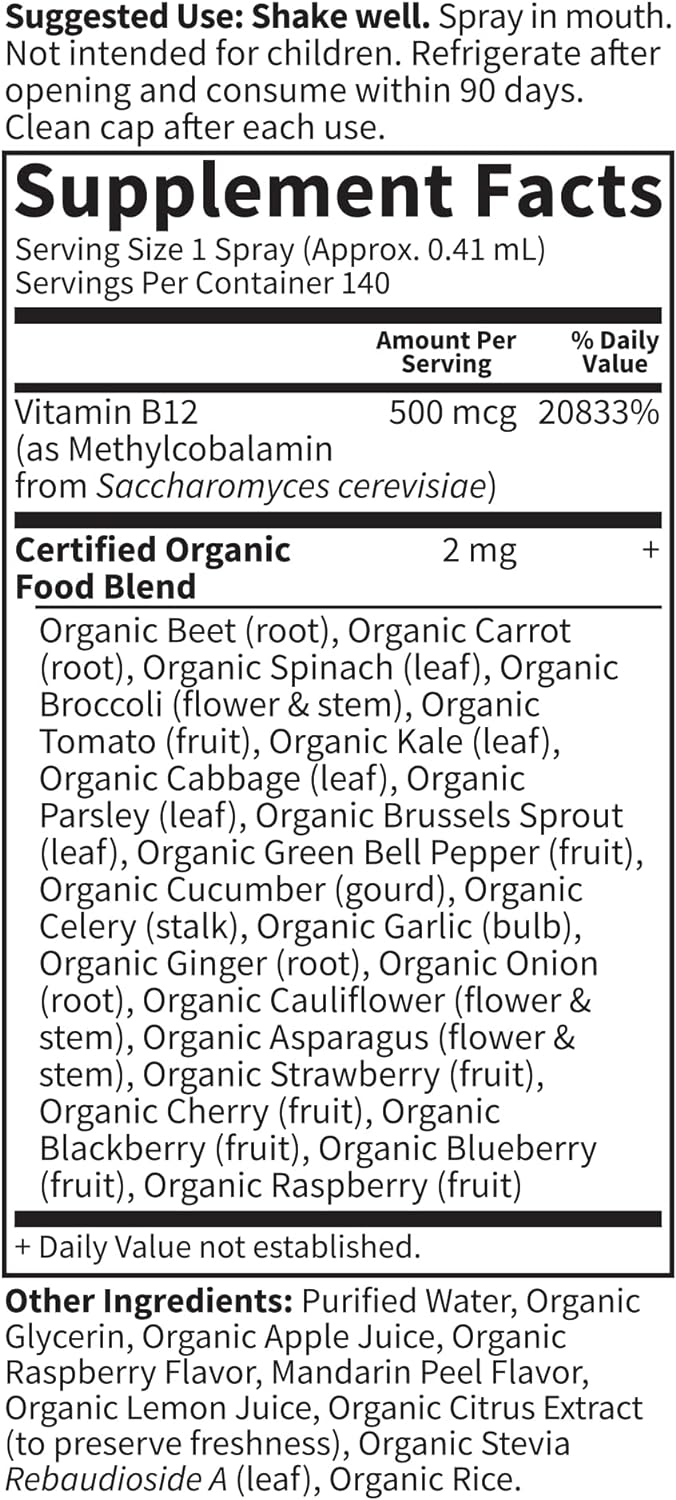 Garden of Life Organics B12 Vitamin - Whole Food B-12 for Metabolism and Energy, Raspberry, 2oz Liquid