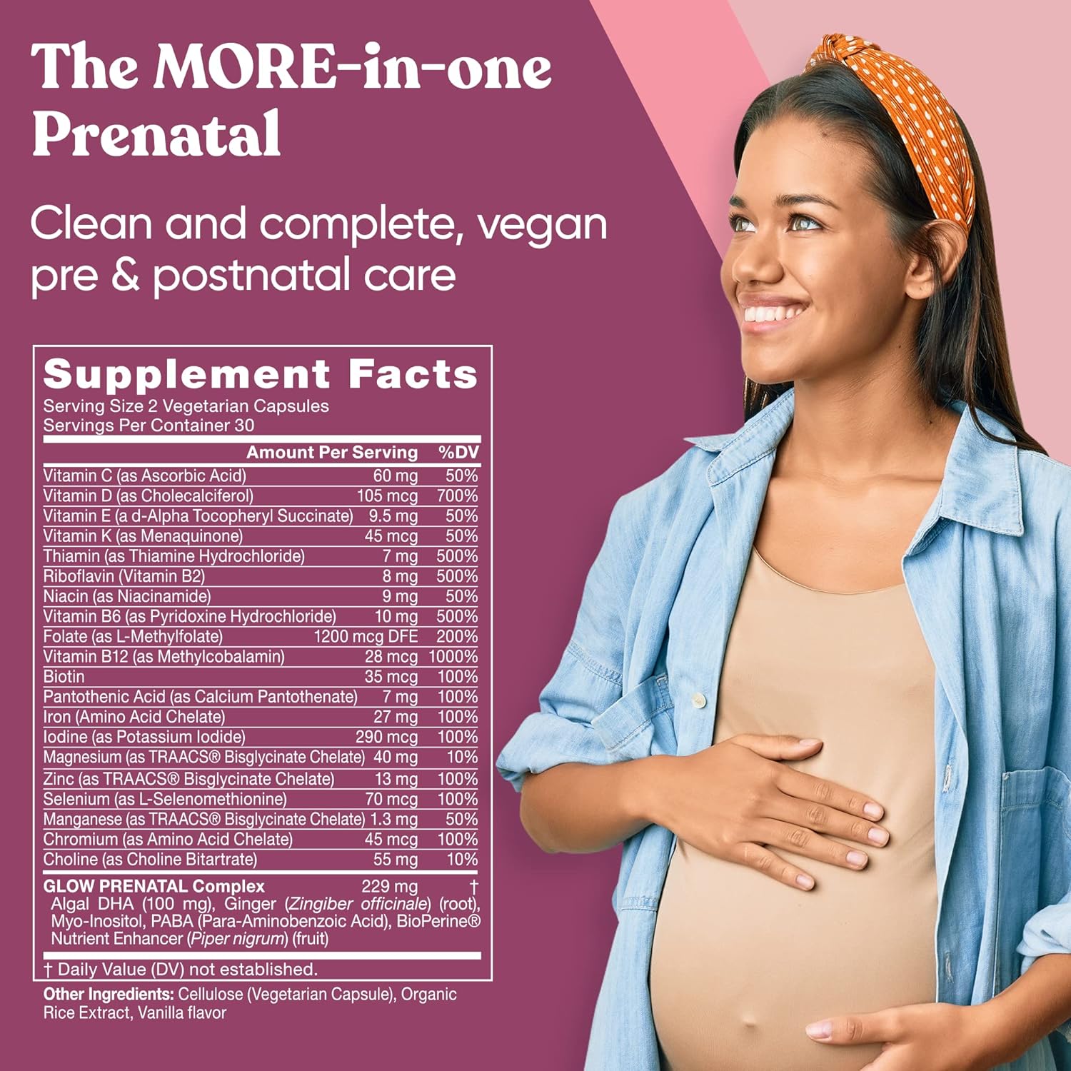 Glow Prenatal Vitamins for Women – 20-in-1 Vital Nutrients for Healthy Pregnancy and Fetal Development – Folic Acid  Vegan DHA For Babys Growth  A Comfortable Pregnancy – 60 Nourishing Capsules