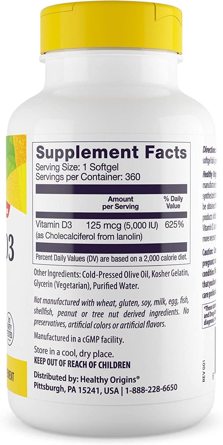 Healthy Origins Vitamin D3 (Lanolin) 5,000 IU - Bone Health and Immune Support Supplement - Easily Absorbable Vitamin D Supplements - Gluten-Free Vitamin D3 Supplement - 360 Softgels