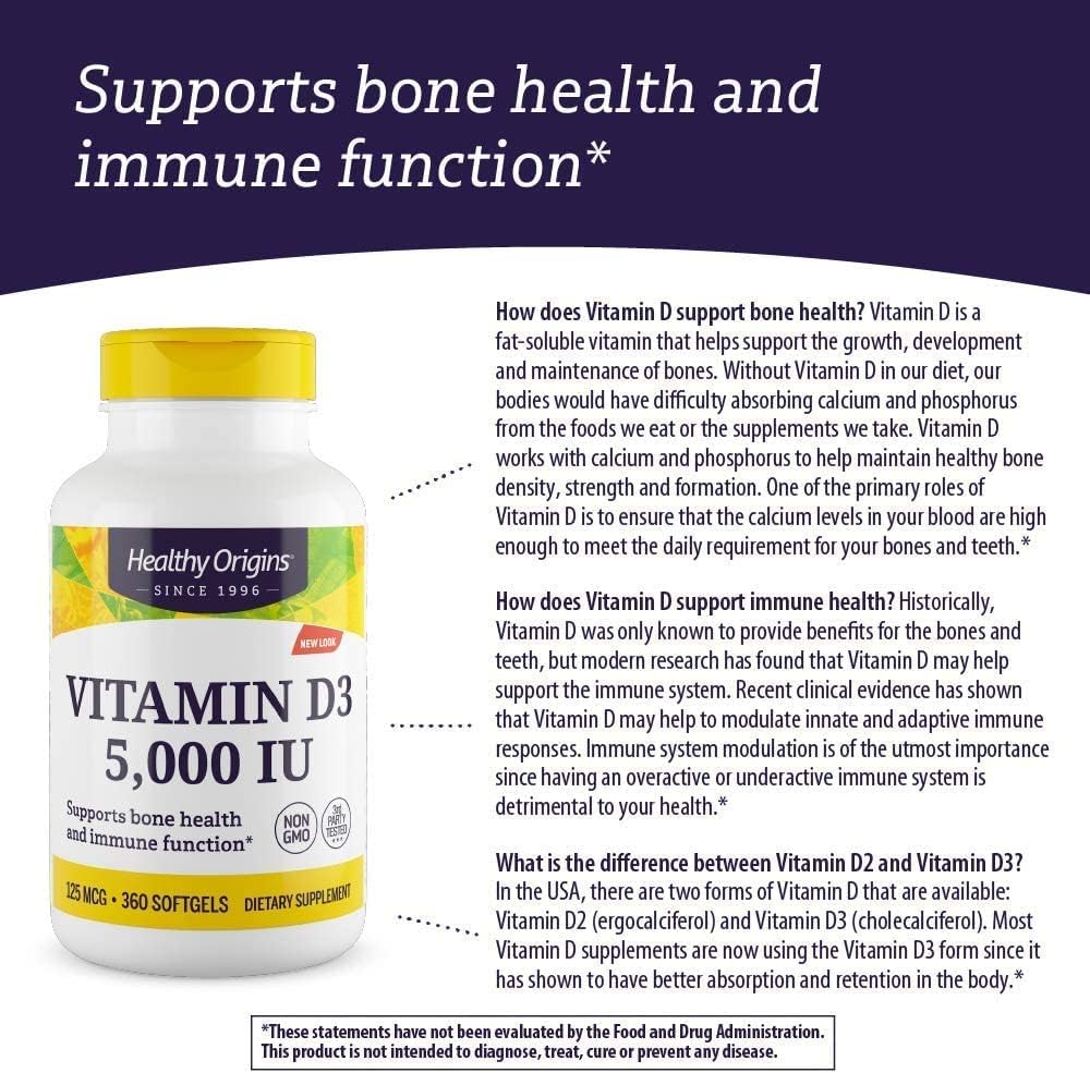 Healthy Origins Vitamin D3 (Lanolin) 5,000 IU - Bone Health and Immune Support Supplement - Easily Absorbable Vitamin D Supplements - Gluten-Free Vitamin D3 Supplement - 360 Softgels