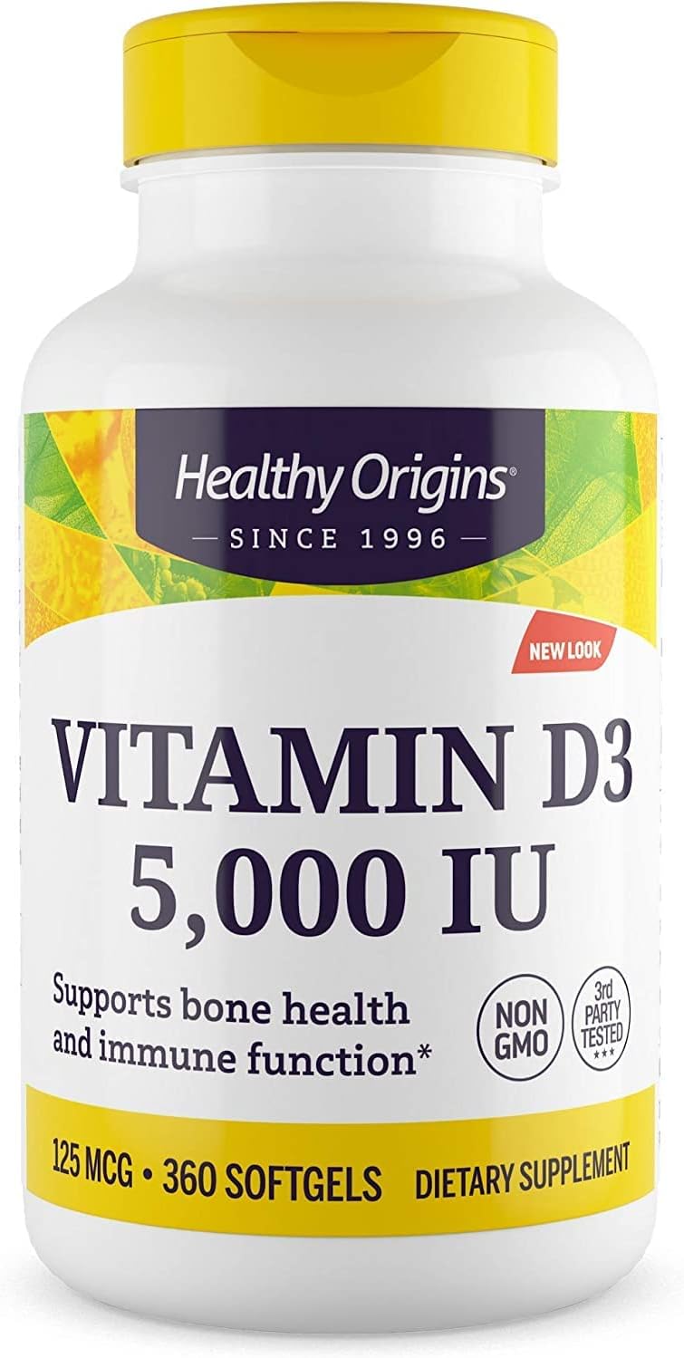 Healthy Origins Vitamin D3 (Lanolin) 5,000 IU - Bone Health and Immune Support Supplement - Easily Absorbable Vitamin D Supplements - Gluten-Free Vitamin D3 Supplement - 360 Softgels
