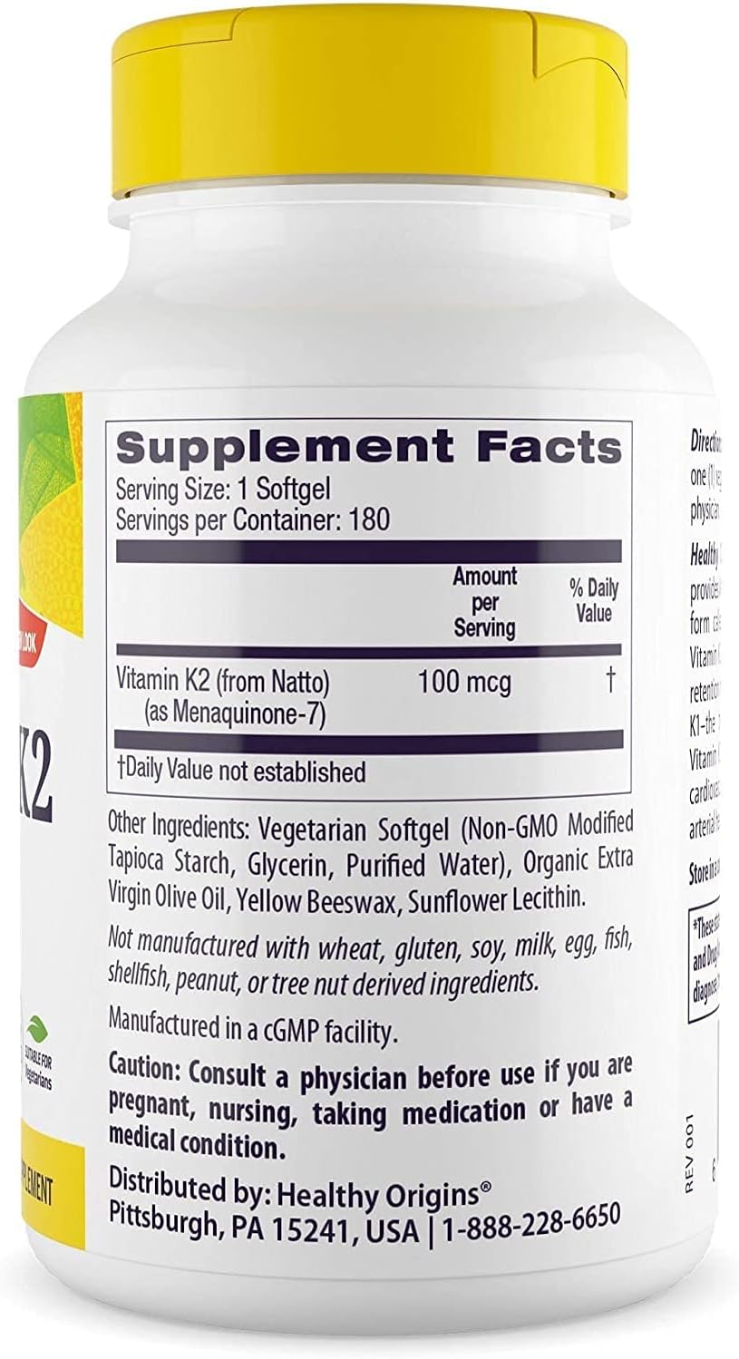 Healthy Origins Vitamin K2 as MK-7, 100 mcg - K2 Vitamins for Heart Health, Bone Health  Calcium Metabolism - Gluten-Free Supplements - 60 Veggie Softgels