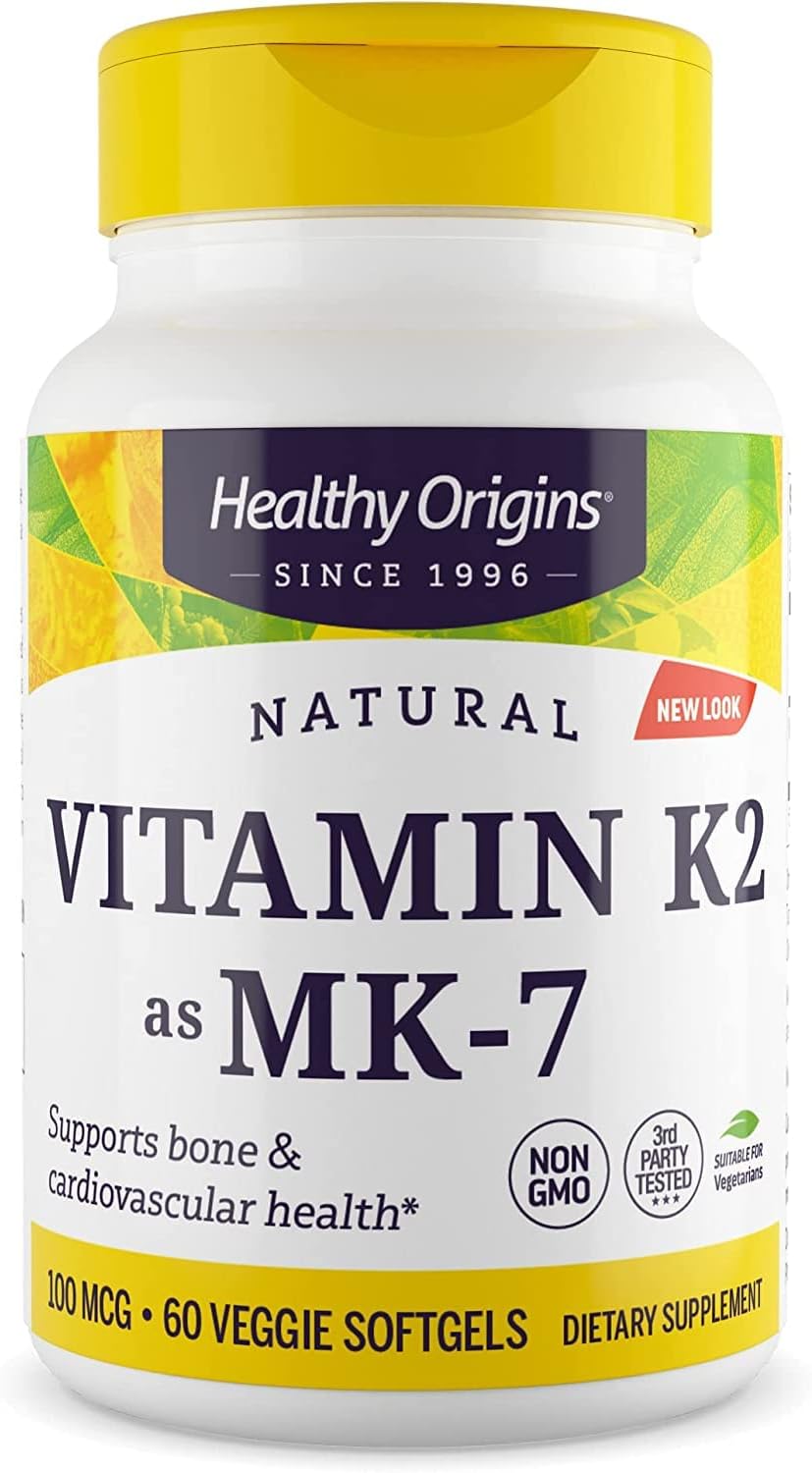 Healthy Origins Vitamin K2 as MK-7, 100 mcg - K2 Vitamins for Heart Health, Bone Health  Calcium Metabolism - Gluten-Free Supplements - 60 Veggie Softgels