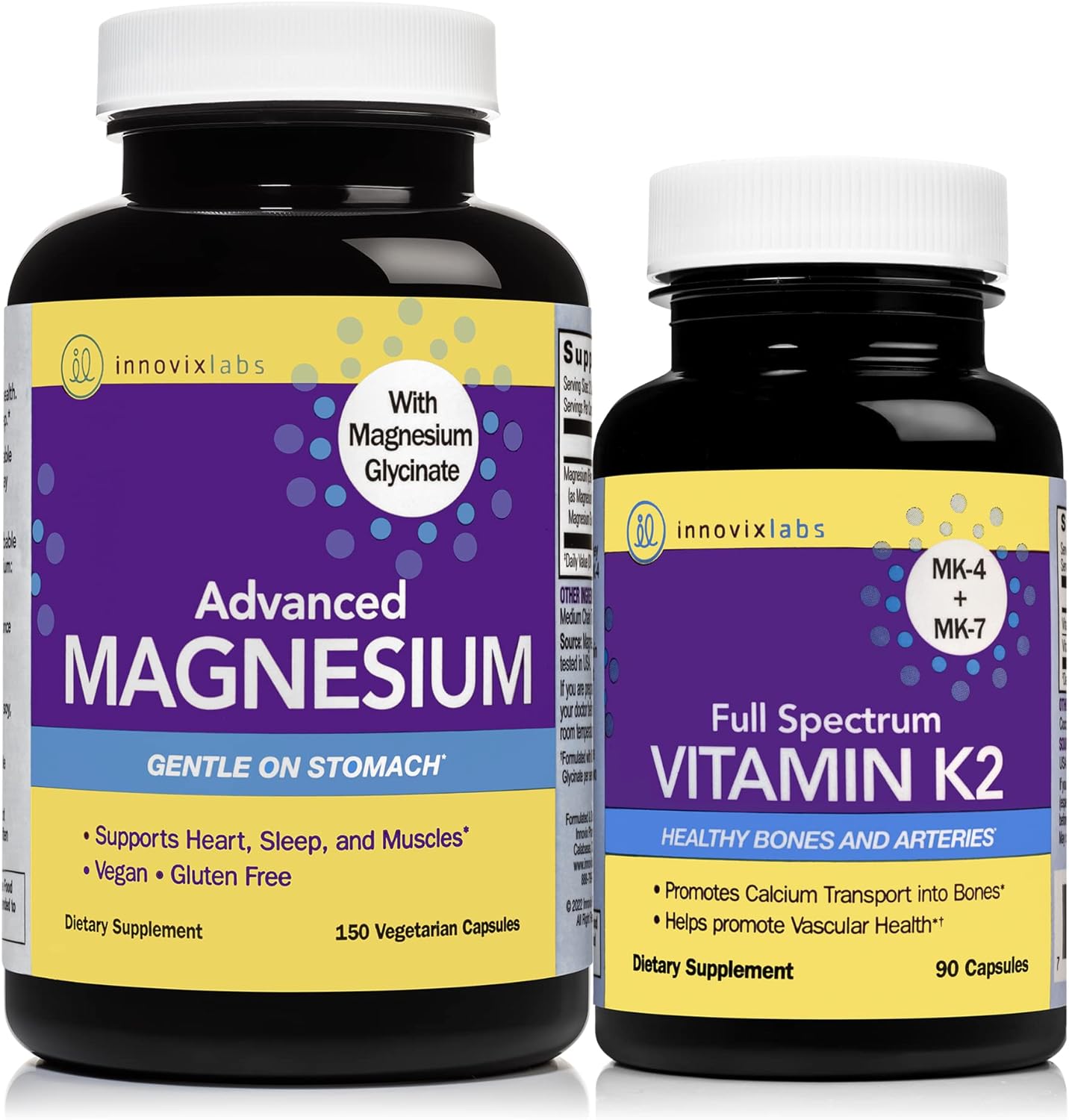 InnovixLabs Vitamin K2  Magnesium Bundle Full Spectrum Vitamin K2 with MK-7 and MK-4 (90 softgels) Advanced Magnesium (150 Capsules). Supports Healthy Bones  Arteries. *