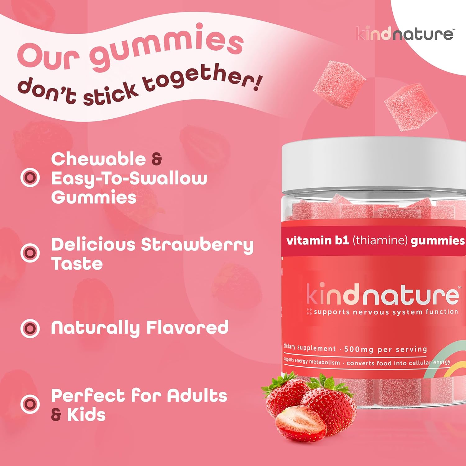 Kind Nature Vitamin B1 Gummies - Chewable Thiamine 500mg per Serving - Non GMO, Vegan, Natural Strawberry Flavor Thiamine B1 Supplement for Adults  Kids