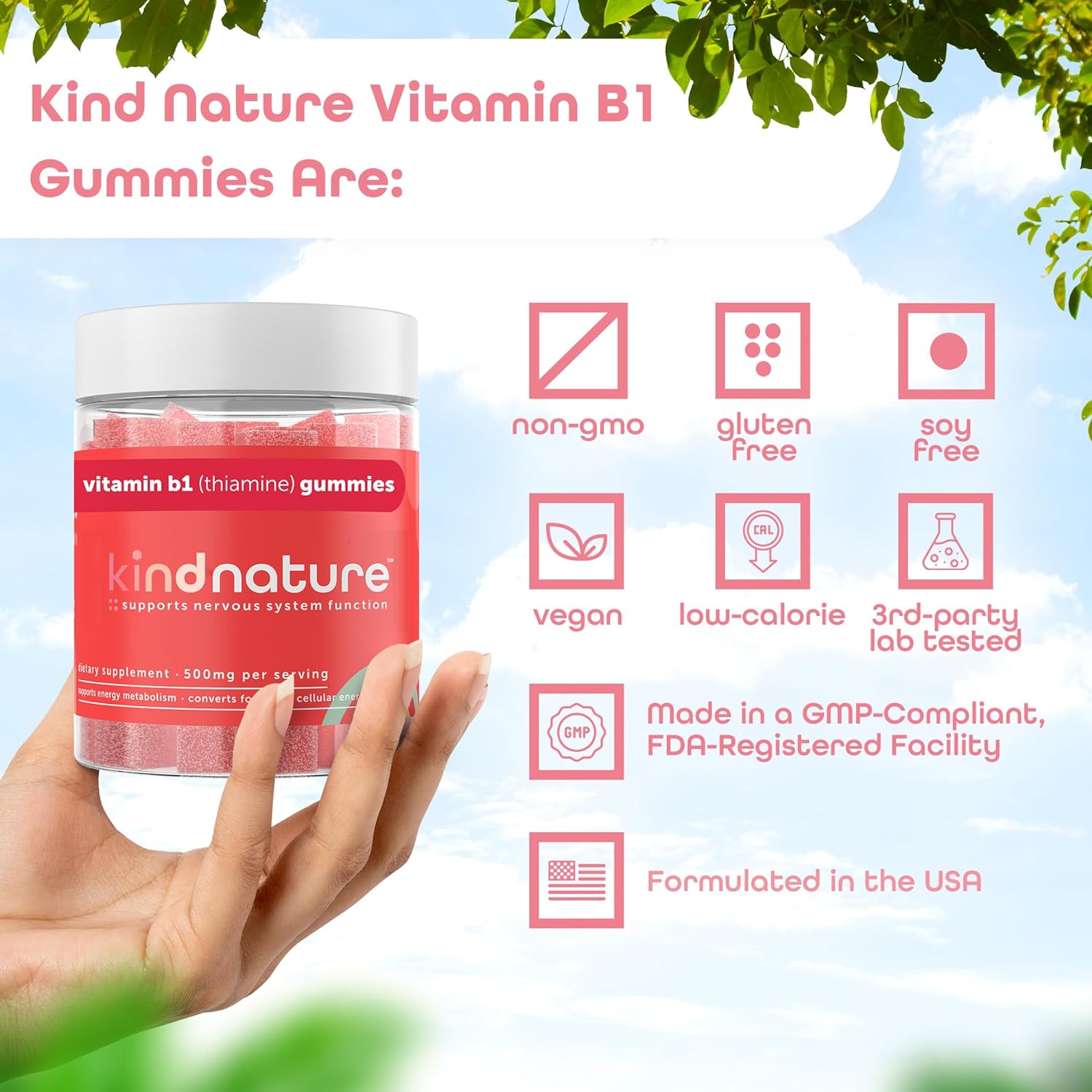 Kind Nature Vitamin B1 Gummies - Chewable Thiamine 500mg per Serving - Non GMO, Vegan, Natural Strawberry Flavor Thiamine B1 Supplement for Adults  Kids