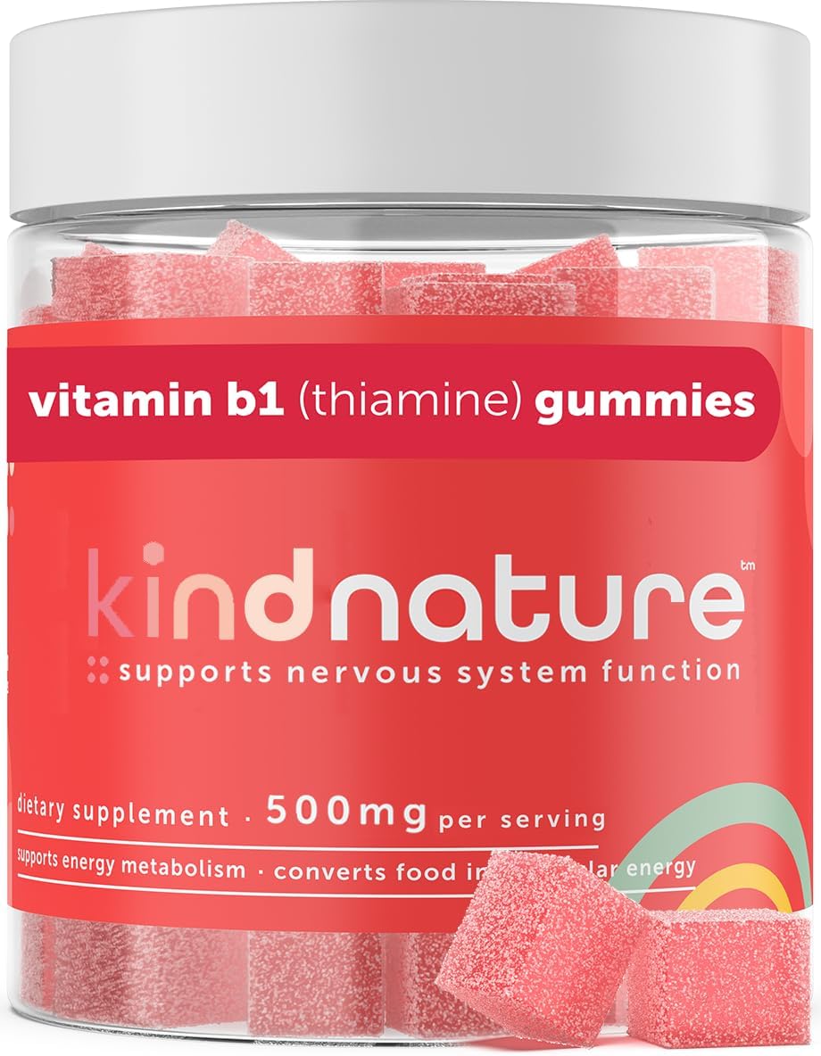Kind Nature Vitamin B1 Gummies - Chewable Thiamine 500mg per Serving - Non GMO, Vegan, Natural Strawberry Flavor Thiamine B1 Supplement for Adults  Kids