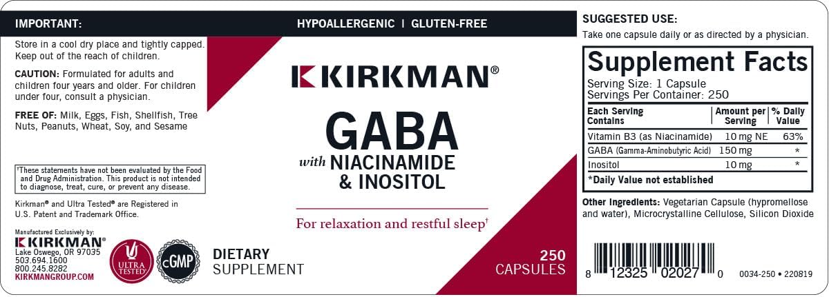 Kirkman - GABA with Niacinamide  Inositol - 250 Capsules - Supports Relaxation - Supports Restful Sleep - Hypoallergenic