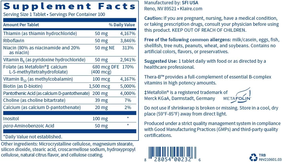 Klaire Labs Thera-B - Essential Vitamin B Complex, Hypoallergenic Formula with Activated Metafolin Folate (L-5-MTHF), Biotin  Methylcobalamin (100 Tablets)