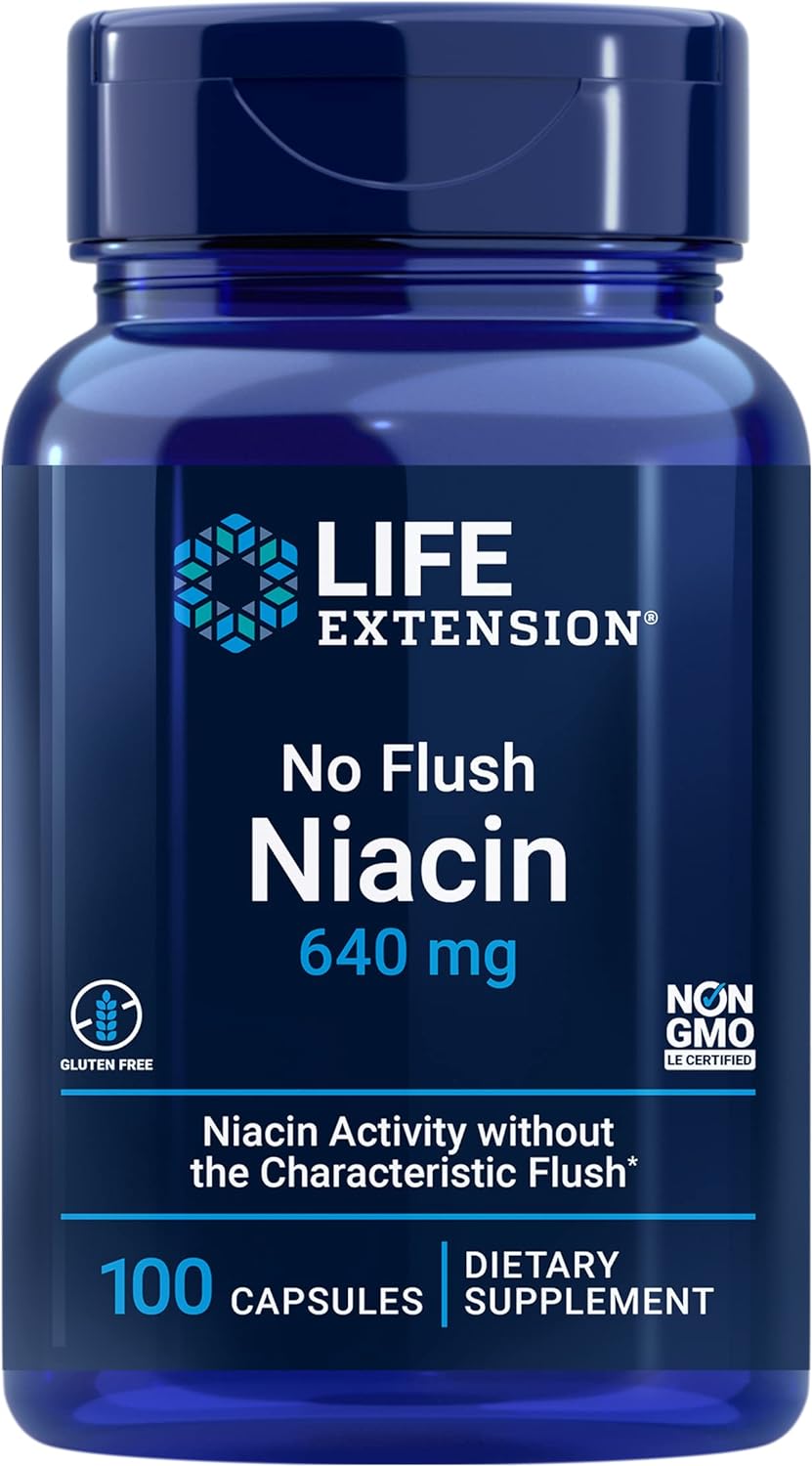 Life Extension No Flush Niacin 640 mg - Flush Free Vitamin B Supplement with Inositol for Healthy Metabolism and Cholesterol Management – Non-GMO, Gluten-Free - 100 Capsules