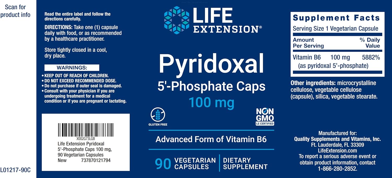 Life Extension Pyridoxal 5-Phosphate Caps 100 mg P5P, 90 Veg Capsules - Advanced Vitamin B6 Supplement
