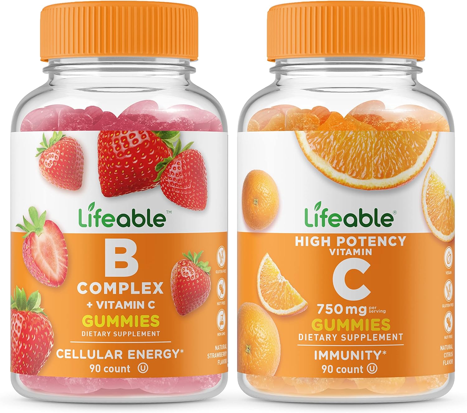 Lifeable B Complex + Vitamin C 750mg, Gummies Bundle - Great Tasting, Vitamin Supplement, Gluten Free, GMO Free, Chewable