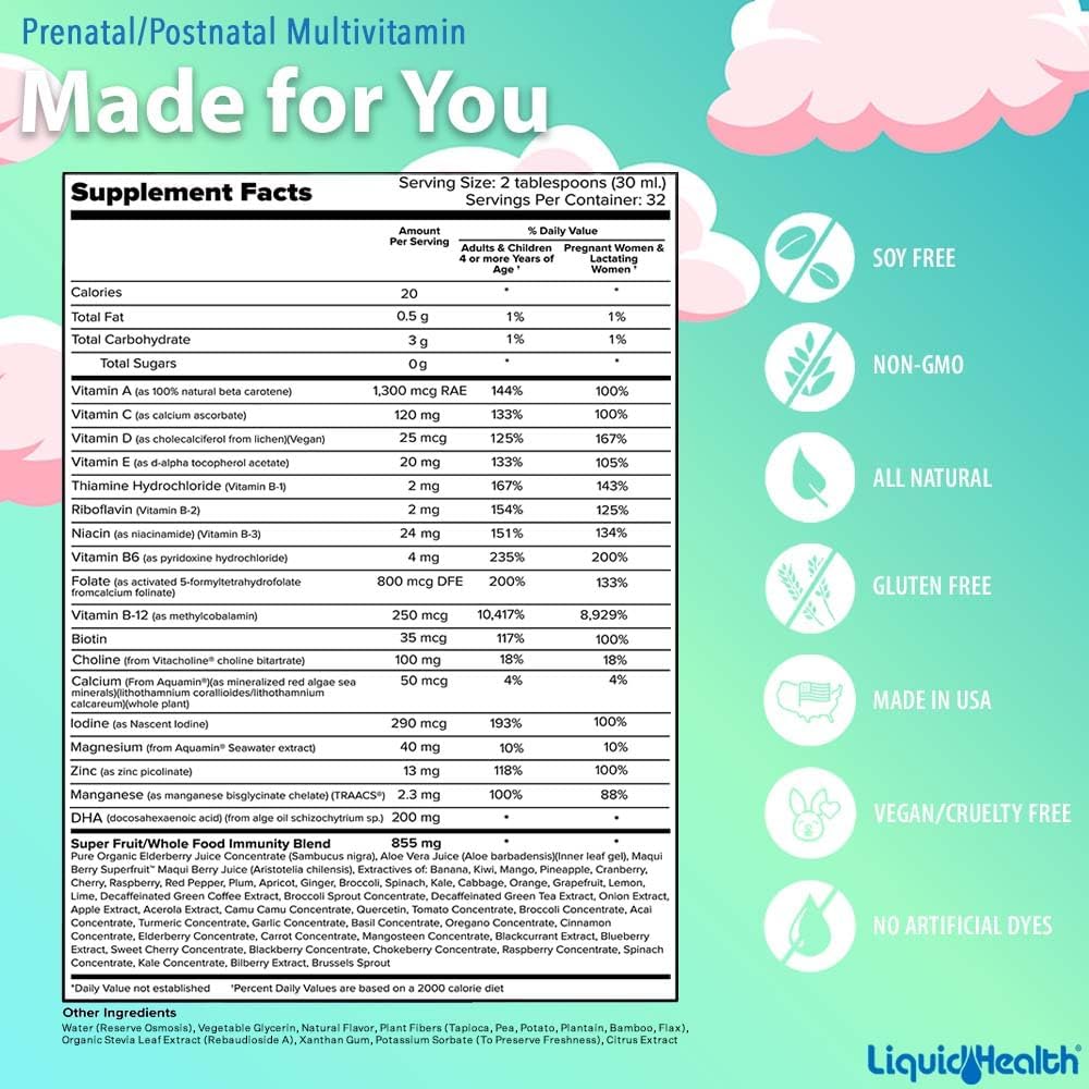 LIQUIDHEALTH Prenatal/Postnatal Multiple Liquid Womens Multivitamin with Real Folate - Pre  Postnatal Vitamins for Before, During, After Pregnancy - Vegan, Sugar-Free, Non GMO, Great Taste (32 oz)