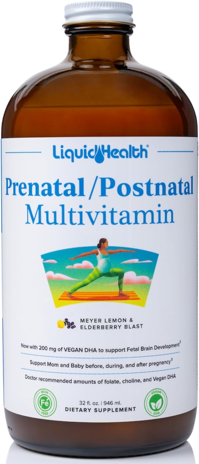 LIQUIDHEALTH Prenatal/Postnatal Multiple Liquid Womens Multivitamin with Real Folate - Pre  Postnatal Vitamins for Before, During, After Pregnancy - Vegan, Sugar-Free, Non GMO, Great Taste (32 oz)