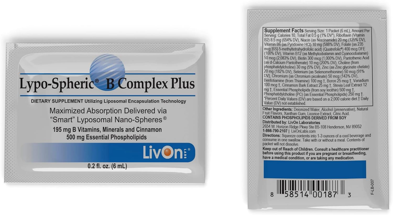 Lypo–Spheric B Complex Plus – 30 Packets – 195 mg B Vitamins, Minerals  Cinnamon Per Packet – Liposome Encapsulated for Improved Absorption – 100% Non–GMO