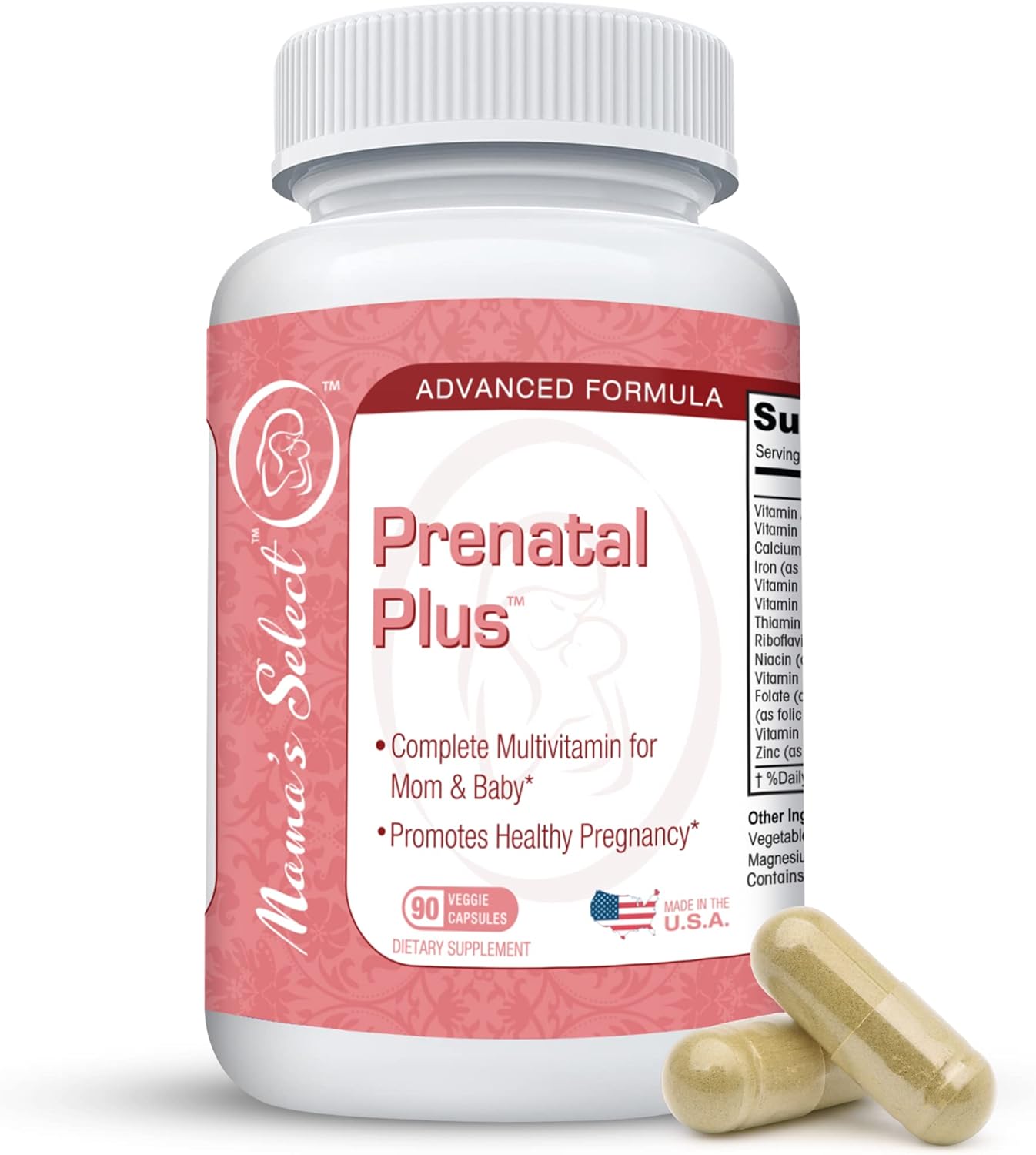 Mama’s Select Prenatal Plus, Natural Prenatal Vitamins for Women, 1 a Day Serving, Methylfolate Complete Vitamins for Pregnant Women and Women Trying to Conceive - Easy to Swallow - 90 Veggie Capsules