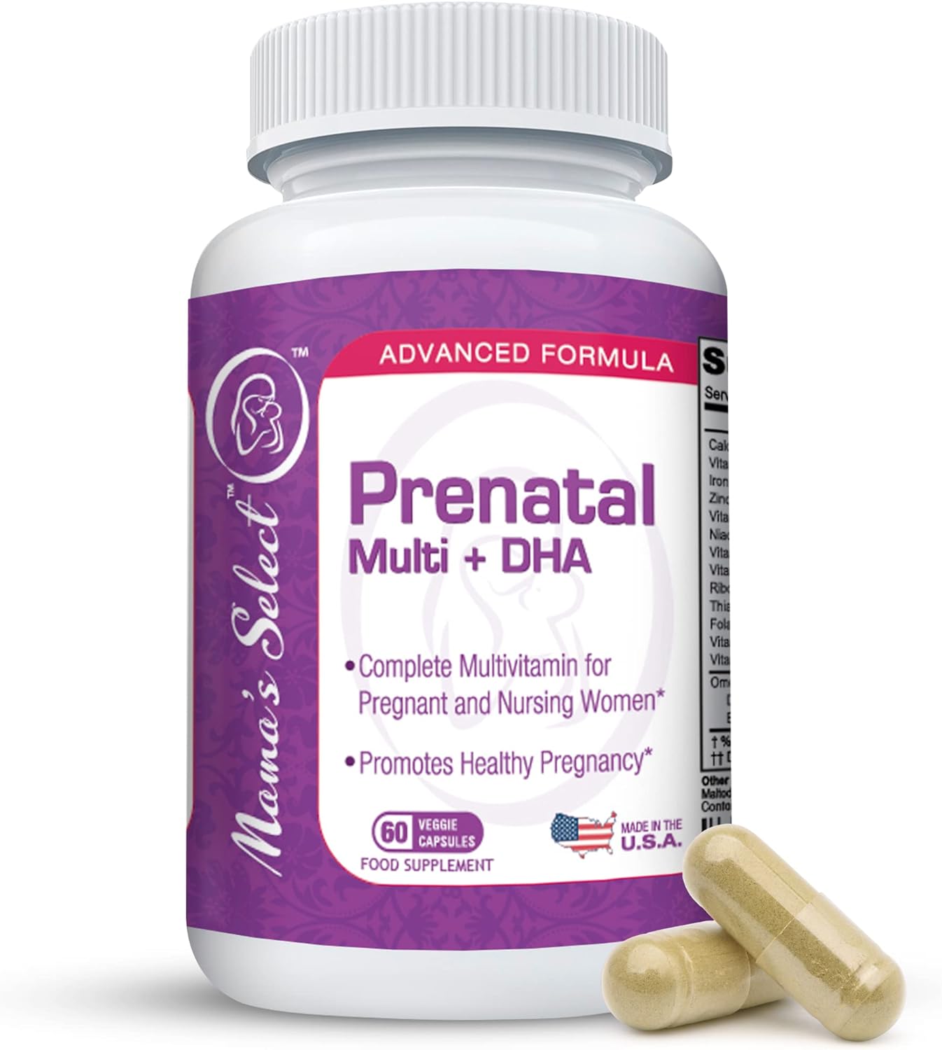 Mamas Select Prenatal Vitamins for Women with Iron, Vitamin D, DHA, and Folic Acid for Pregnant Women, Methyl Folate Safe for MTHFR - Slow-Release Supplement, Gentle on Stomach, 60 Veggie Capsules