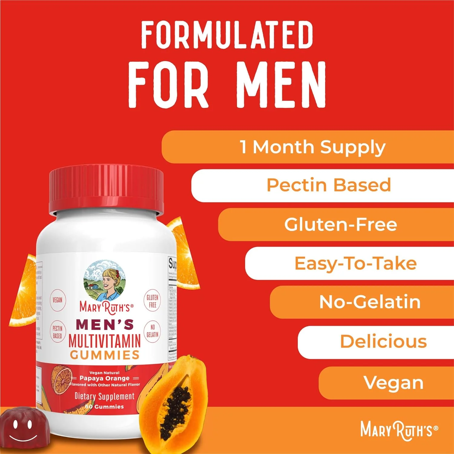 MaryRuth Organics Mens Vitamin Gummy | Vegan Daily Multivitamins for Immune Support | Non-GMO | Gluten Free | 0g Sugar Per Serving | 60 Count | Pack of 1