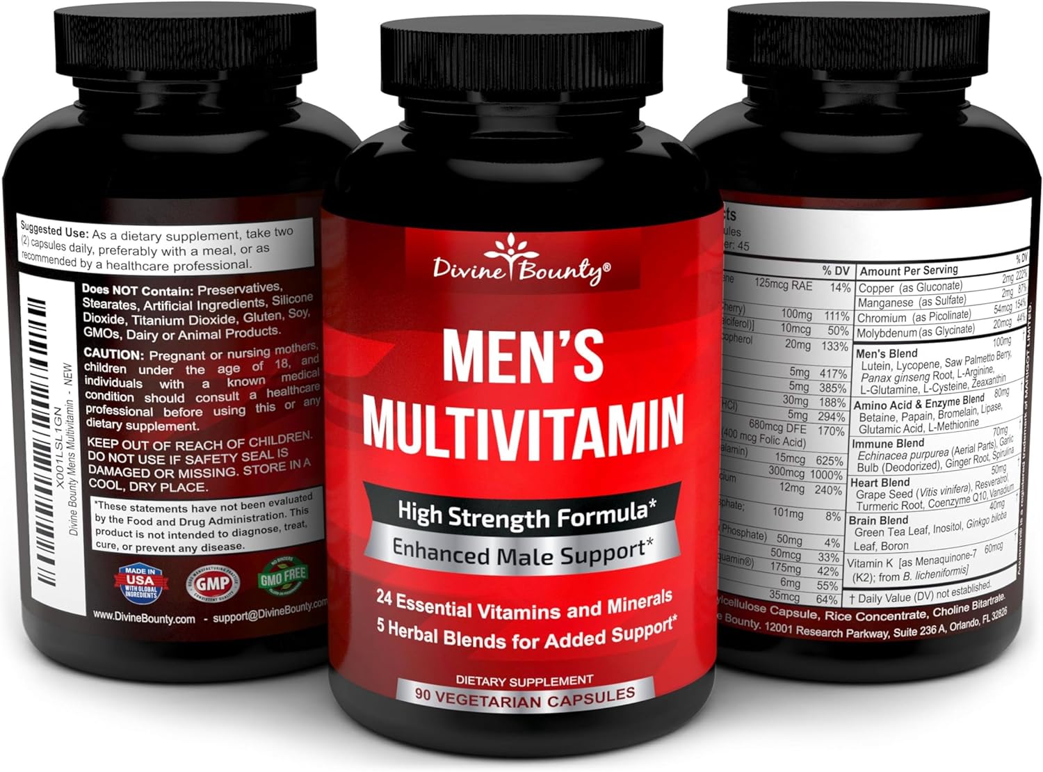 Mens Multivitamin – Daily Multivitamin for Men with Vitamin A C D E K B Complex, Calcium, Magnesium, Selenium, Zinc Plus Heart, Brain, Immune, and Mens Multivitamins – 90 Vegetarian Capsules