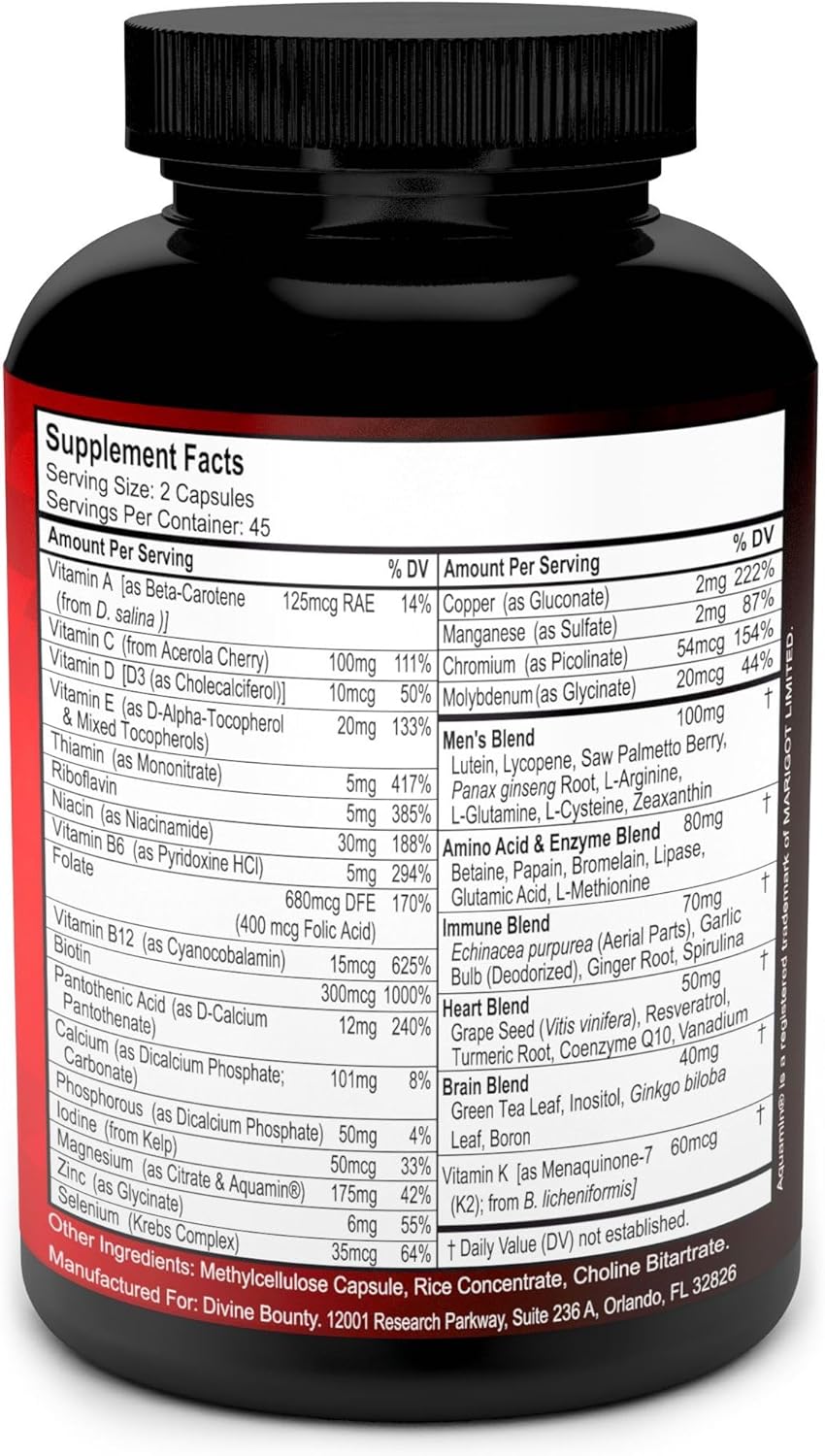 Mens Multivitamin – Daily Multivitamin for Men with Vitamin A C D E K B Complex, Calcium, Magnesium, Selenium, Zinc Plus Heart, Brain, Immune, and Mens Multivitamins – 90 Vegetarian Capsules