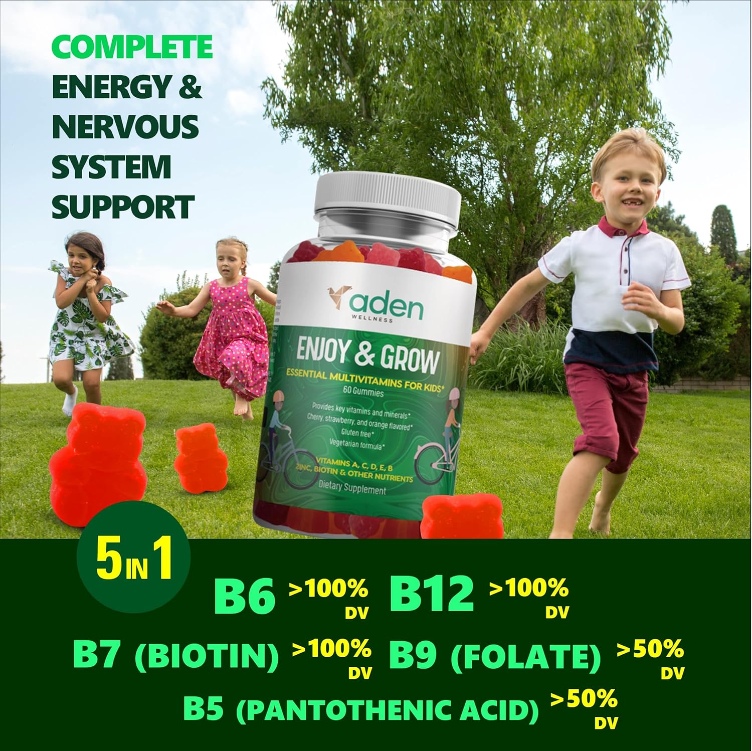 Multi B Vitamin Gummies for Kids – with B-Complex B6 B12 B9 (Folate) B7 (Biotin) B5 (Pantothenic Acid), A, C, D, E, Zinc, Iodine, Inositol – Energy, Nervous System, Immunity Support – Gluten Free