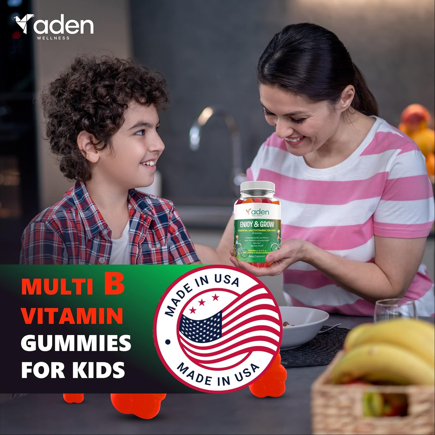 Multi B Vitamin Gummies for Kids – with B-Complex B6 B12 B9 (Folate) B7 (Biotin) B5 (Pantothenic Acid), A, C, D, E, Zinc, Iodine, Inositol – Energy, Nervous System, Immunity Support – Gluten Free