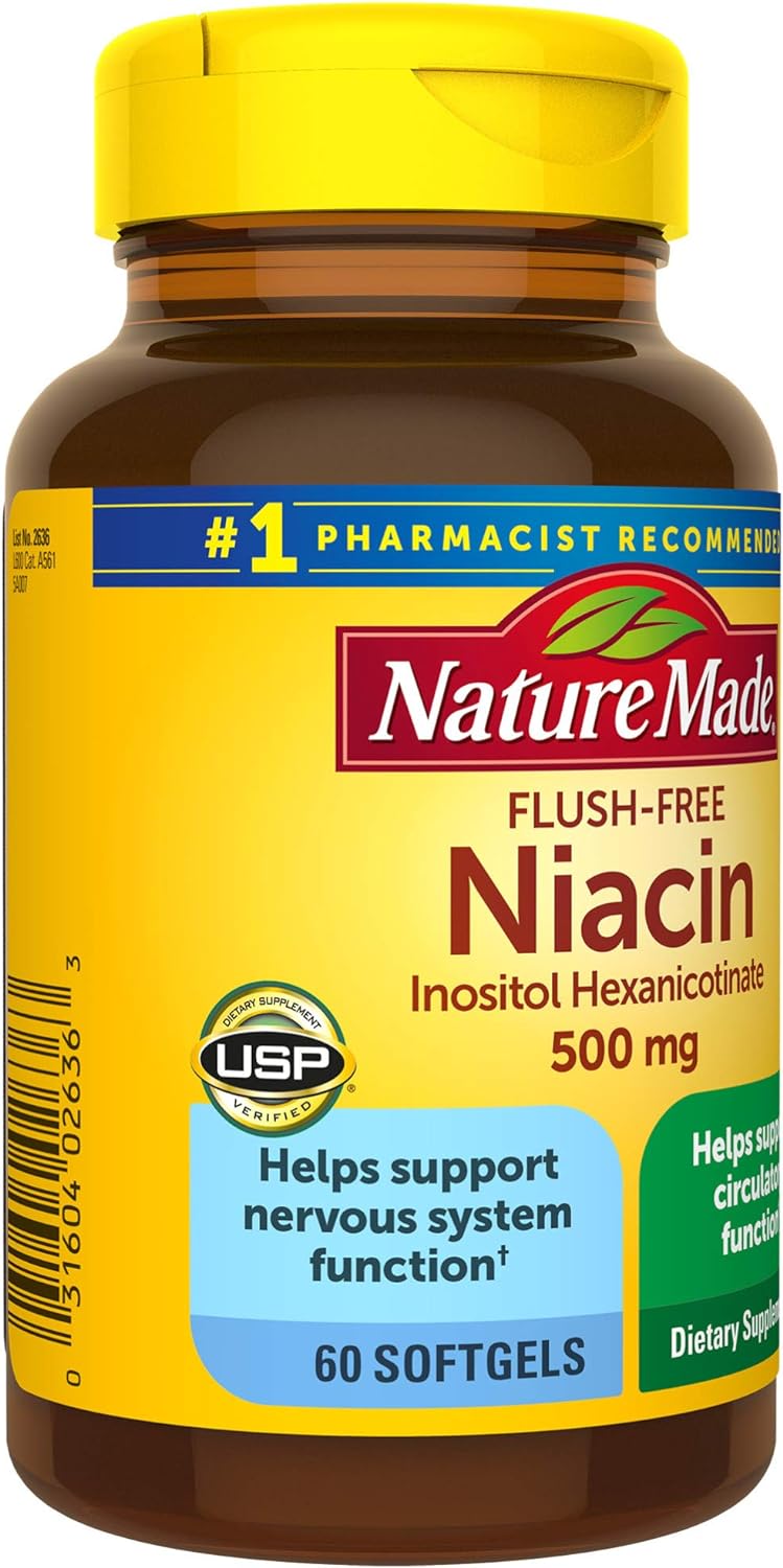 Nature Made Flush Free Niacin 500 mg, Dietary Supplement for Nervous System Support, 60 Softgels, 60 Day Supply