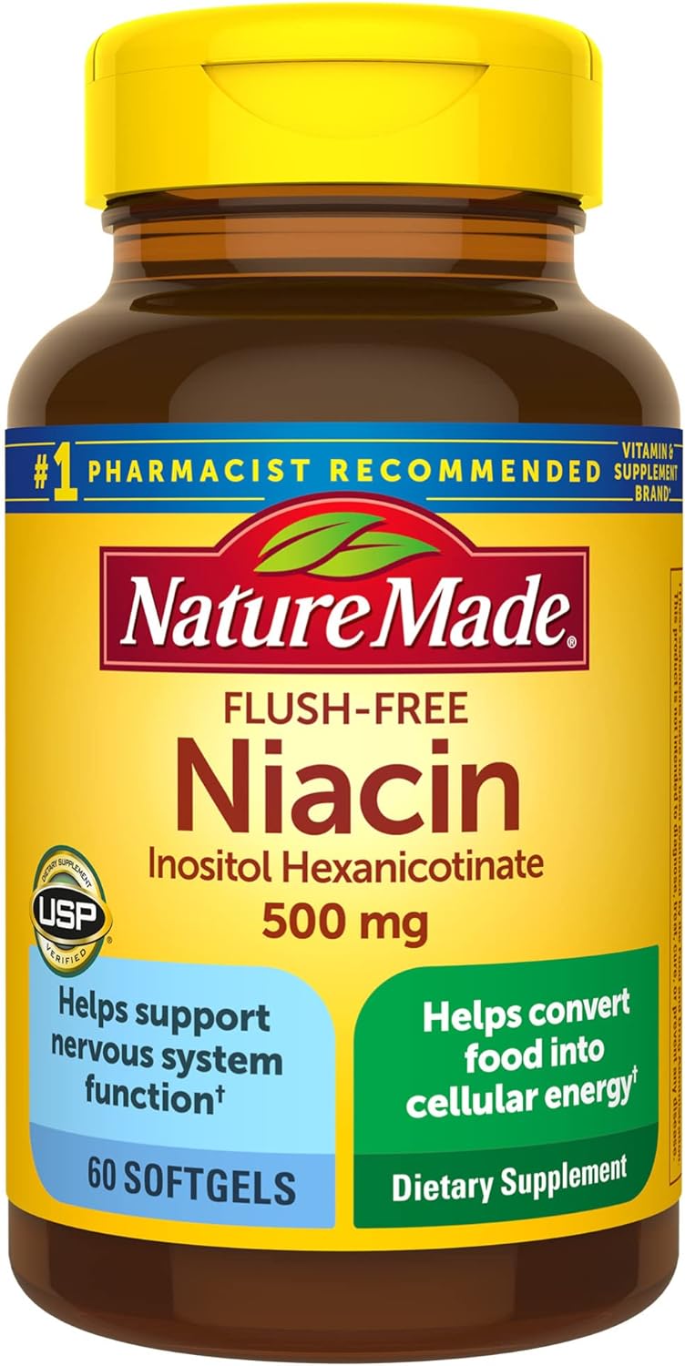 Nature Made Flush Free Niacin 500 mg, Dietary Supplement for Nervous System Support, 60 Softgels, 60 Day Supply