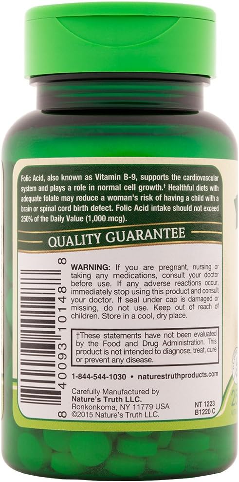 Natures Truth Folic Acid 800 Mcg 250 Tabs, 250 Count (Pack of 3)