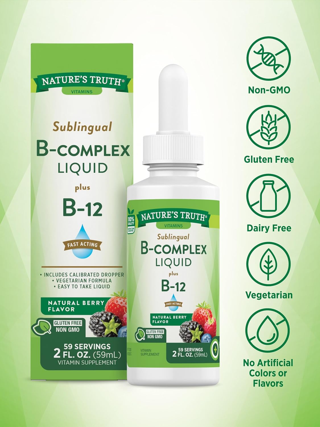 Natures Truth Vitamin B Complex Sublingual Liquid | 2oz | Natural Berry Flavor | Vegetarian, Non-GMO  Gluten Free