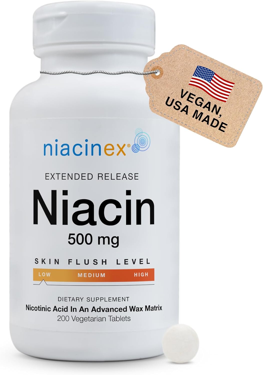 Niacin 500mg Extended Time Release Tablets Minimal to No-Flush, Vitamin B3 Supplement - Cholesterol Balance, Nicotinic Acid - Vegan, cGMP, Made in The USA - 200 Count (1)