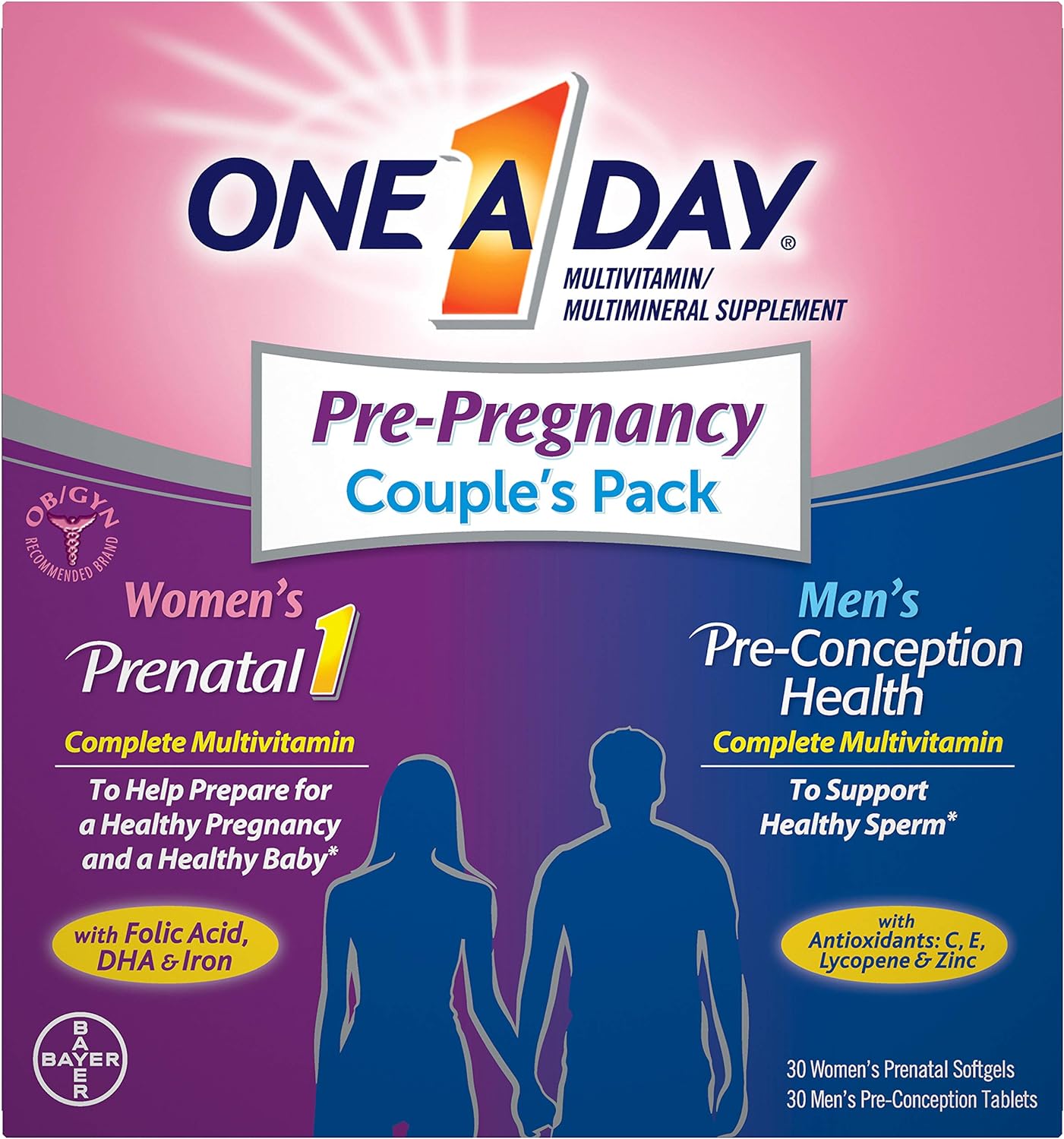 One A Day Mens  Womens Pre-Pregnancy Multivitamin Softgel including Vitamins A, Vitamin C, Vitamin D, B6, B12, Folic Acid  more, 30+30 Count, Supplement for Before, During, and Postnatal