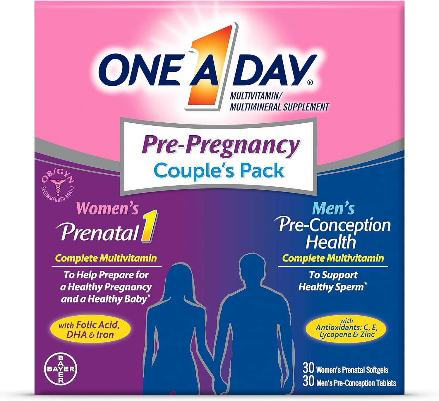 One A Day Mens  Womens Pre-Pregnancy Multivitamin Softgel including Vitamins A, Vitamin C, Vitamin D, B6, B12, Folic Acid  more, 30+30 Count, Supplement for Before, During, and Postnatal