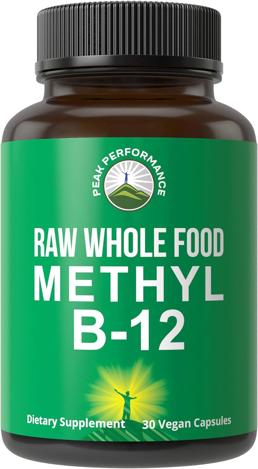 Peak Performance Raw Whole Food Vegan B12 Vitamin. Vitamin B12 Methylcobalamin - Methyl B-12 Supplement Plus 25+ Fruit and Vegetable Ingredients. 30 Day Supply Capsules