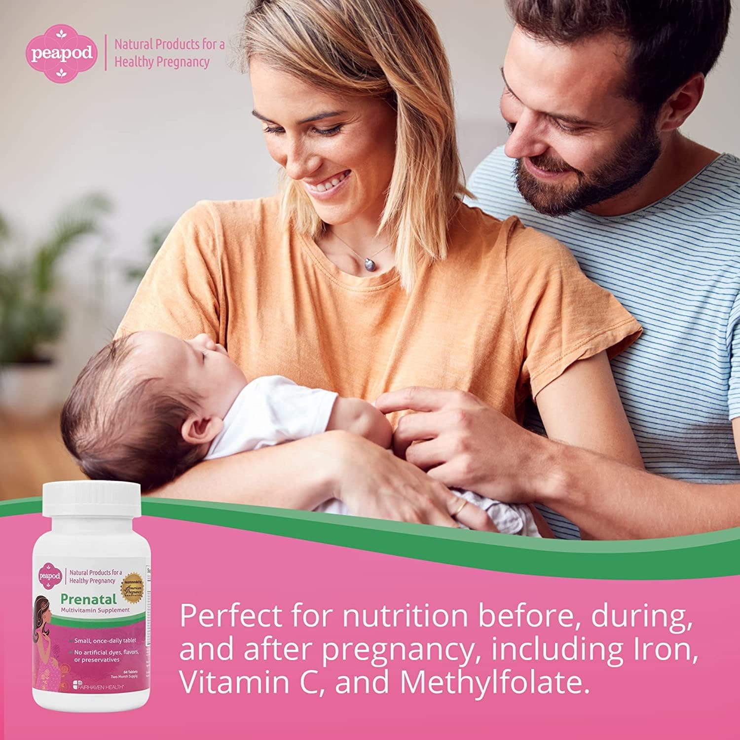 Peapod Prenatal Multivitamins, Essential for Women Trying to Conceive to Support Pregnancy  Baby Health, Includes Iron, Vitamin C and Folic Acid, Take Daily, Easy to Swallow Pill (2 Month Supply)