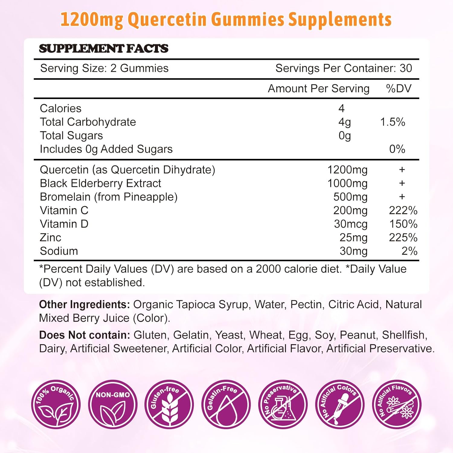 Quercetin Gummies, Organic Quercetin with Vitamin C and Zinc, Bromelain, Elderberry  Vitamin D - Immune Support - 60 Vegan Gummies Chewable