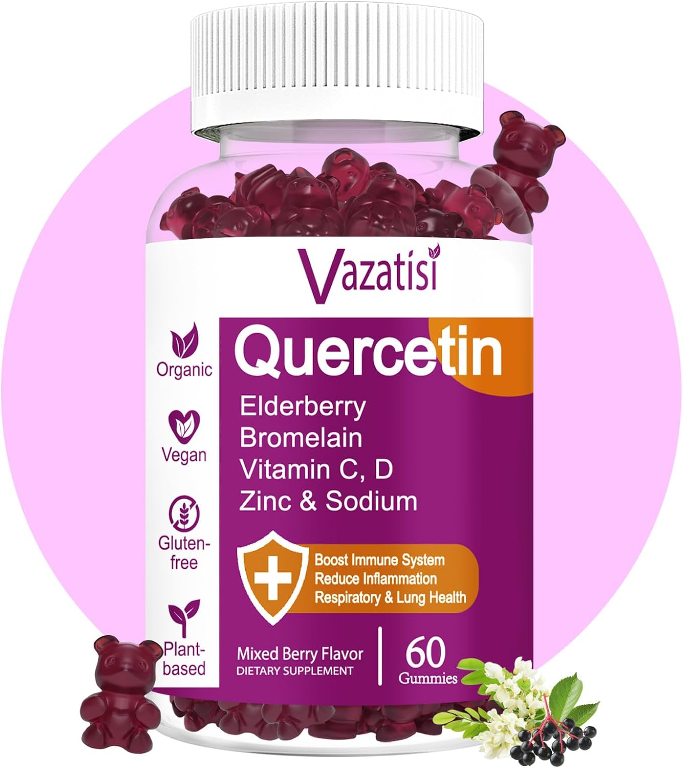 Quercetin Gummies, Organic Quercetin with Vitamin C and Zinc, Bromelain, Elderberry  Vitamin D - Immune Support - 60 Vegan Gummies Chewable