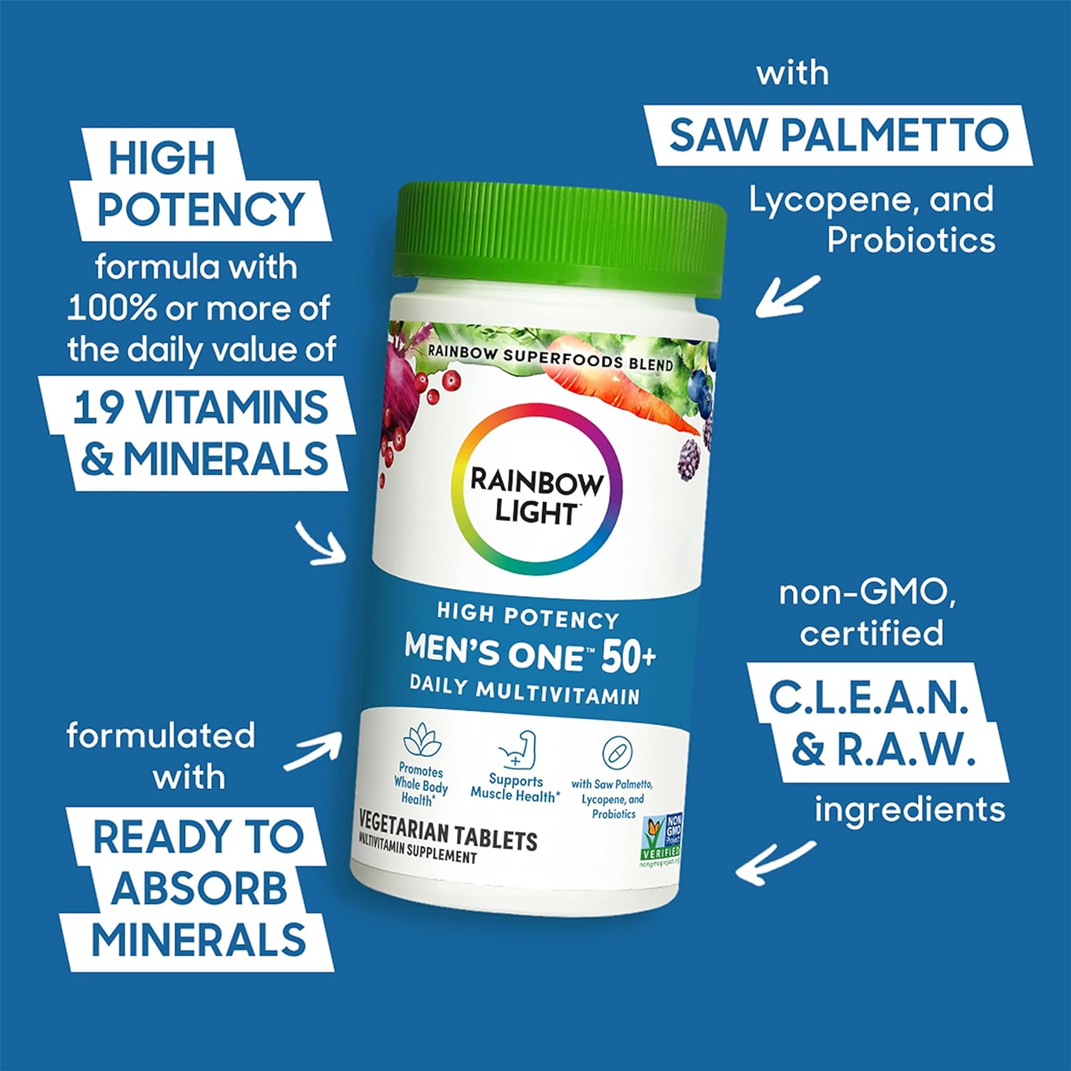Rainbow Light Multivitamin for Men 50+, Vitamin C, D  Zinc, Probiotics, Mens One 50+ Multivitamin Provides High Potency Immune Support, Non-GMO, Vegetarian, 90 Tablets
