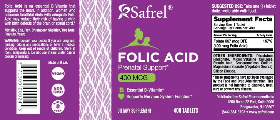 Safrel Folic Acid 400 mcg - Vitamin B9-400 Tablets, Essential Prenatal and Postnatal Vitamin for Fetal Development, Red Blood Cell Production, Cell and Neural Development | Non-GMO, Vegan