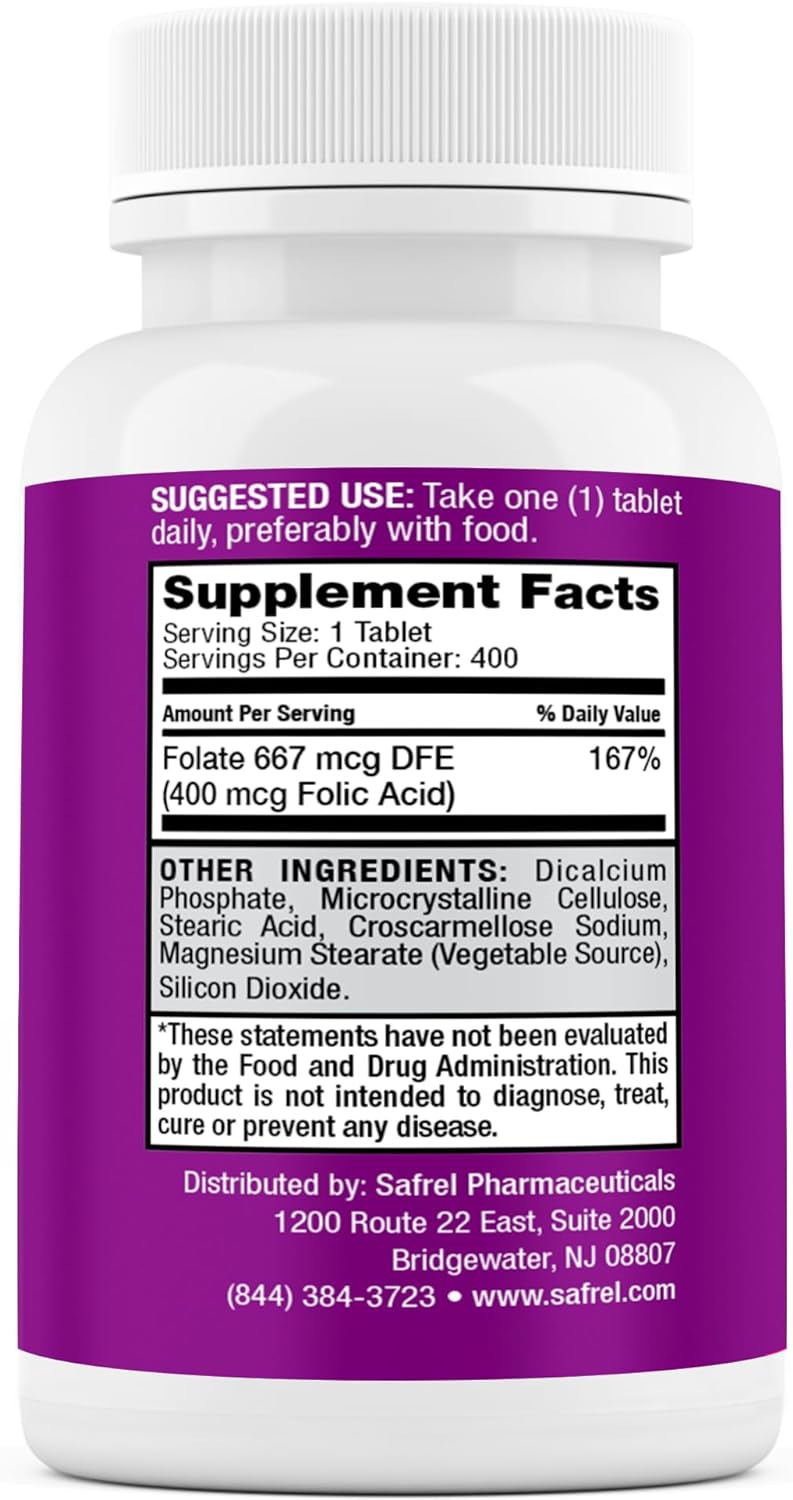 Safrel Folic Acid 400 mcg - Vitamin B9-400 Tablets, Essential Prenatal and Postnatal Vitamin for Fetal Development, Red Blood Cell Production, Cell and Neural Development | Non-GMO, Vegan