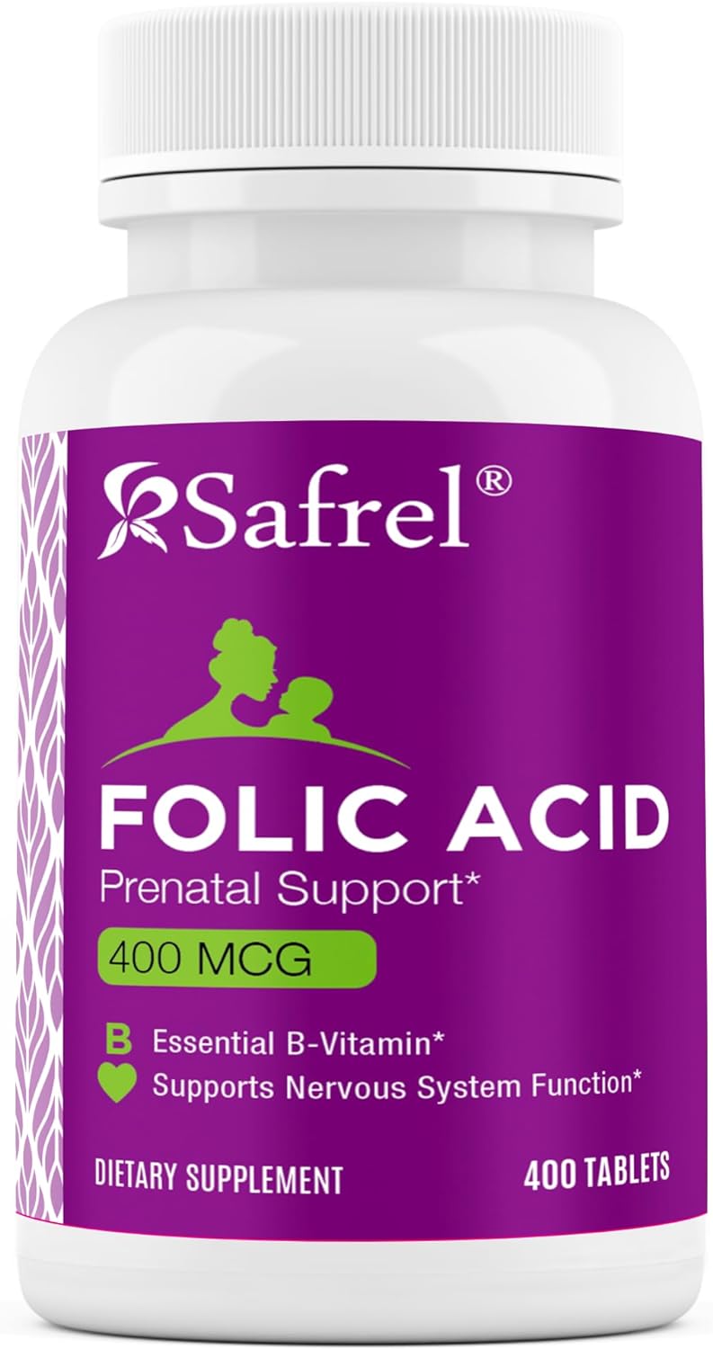 Safrel Folic Acid 400 mcg - Vitamin B9-400 Tablets, Essential Prenatal and Postnatal Vitamin for Fetal Development, Red Blood Cell Production, Cell and Neural Development | Non-GMO, Vegan