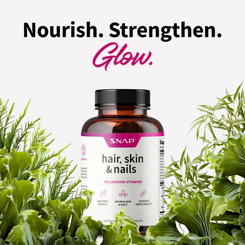 Snap Supplements Hair, Skin and Nails Vitamins, Support Hair Growth, Nourish Skin and Nails with Biotin, Collagen, Kelp, Bamboo and Other Vitamins, Radiant Skin, Strong Hair and Nails, 60 Capsules