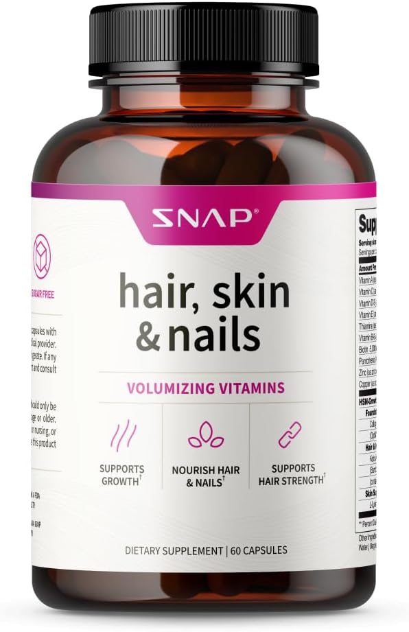 Snap Supplements Hair, Skin and Nails Vitamins, Support Hair Growth, Nourish Skin and Nails with Biotin, Collagen, Kelp, Bamboo and Other Vitamins, Radiant Skin, Strong Hair and Nails, 60 Capsules