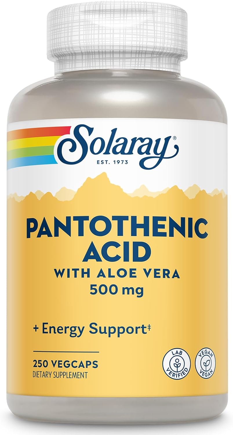SOLARAY Pantothenic Acid 500mg - Vitamin B 5 for Coenzyme-A Production and Energy Metabolism, Hair, Skin, and Nails Support - Vegan, Lab Verified, 60-Day Guarantee - 250 Servings, 250 VegCaps