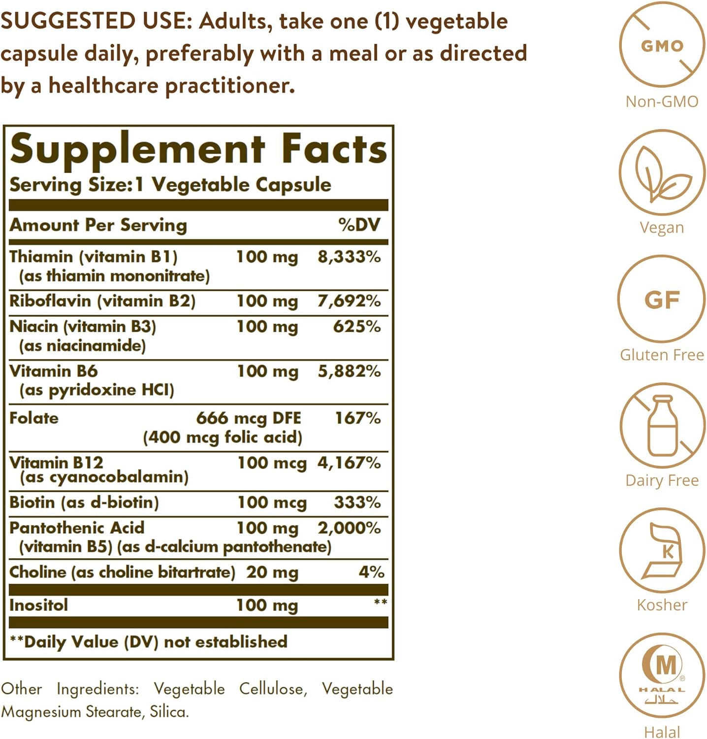 Solgar B-Complex 100, 250 Vegetable Capsules - Heart Health - Nervous System- Supports Energy Metabolism - Non-GMO, Vegan, Gluten / Dairy Free, Kosher, Halal - 250 Servings