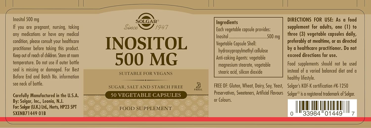 Solgar Inositol Vegetable Capsules, 500 mg, 50 Count