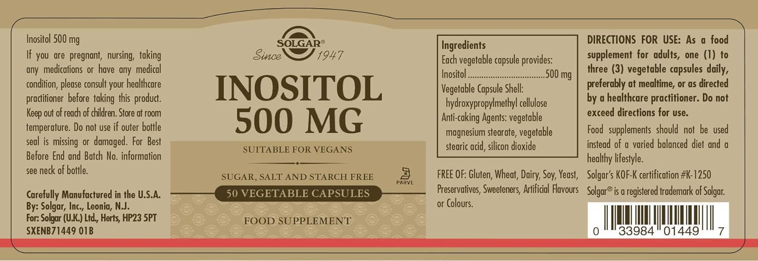 Solgar Inositol Vegetable Capsules, 500 mg, 50 Count