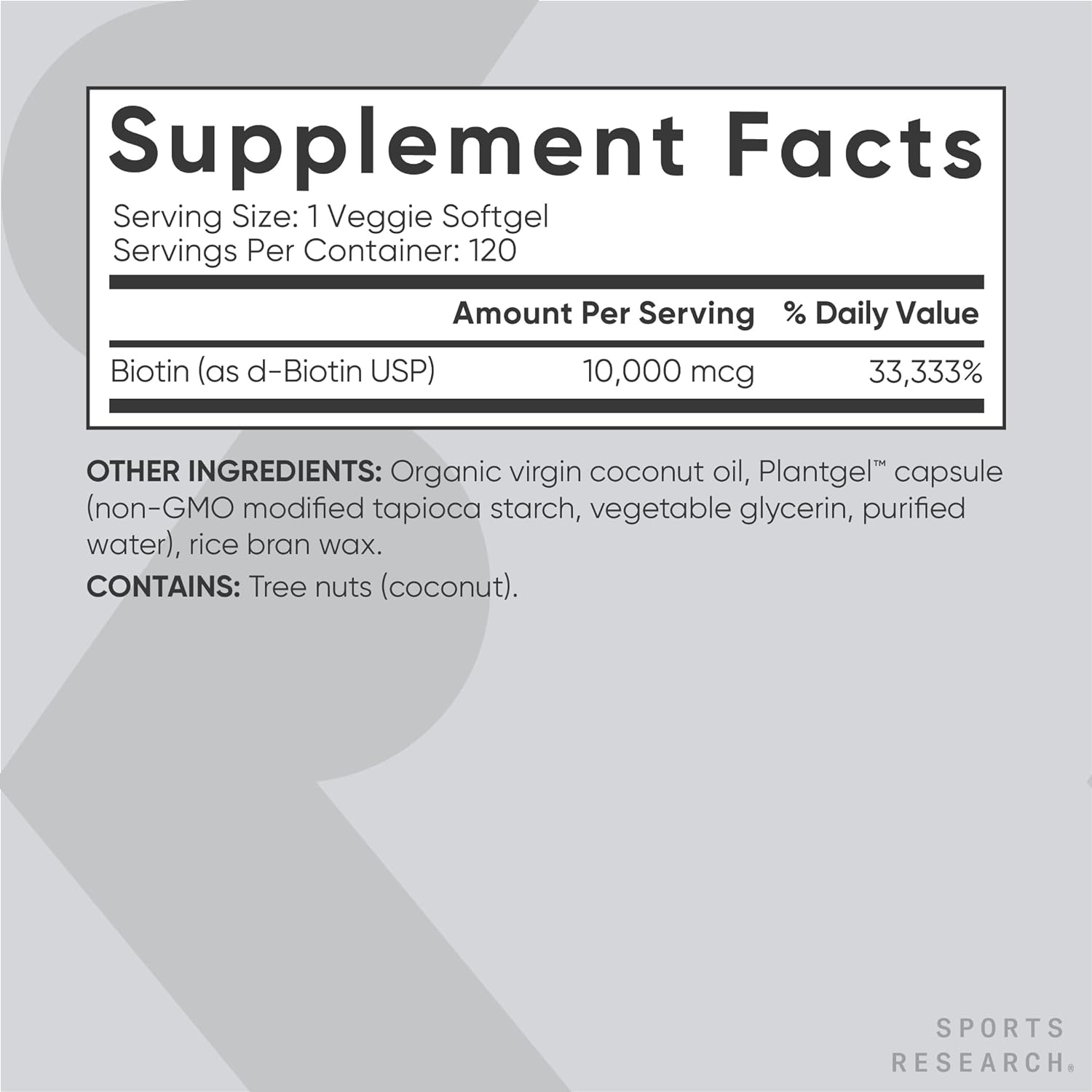 Sports Research Vegan Biotin 10,000mcg with Coconut Oil - Max Strength Biotin Vitamin B7 for Skin and Keratin Support - Non-GMO  Gluten Free, 120 Softgels (4 Month Supply)